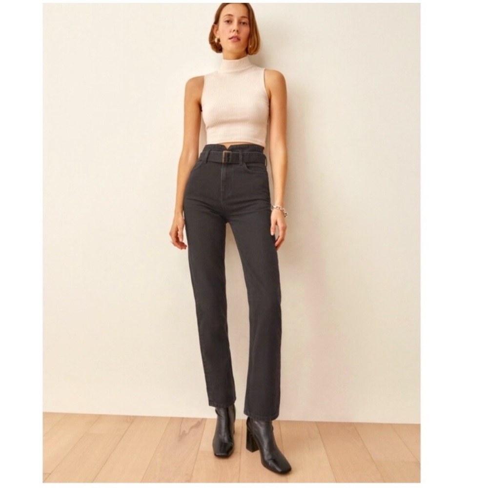 Reformation Cynthia Belted High Rise Straight Jeans NO BELT 28 faded black wash